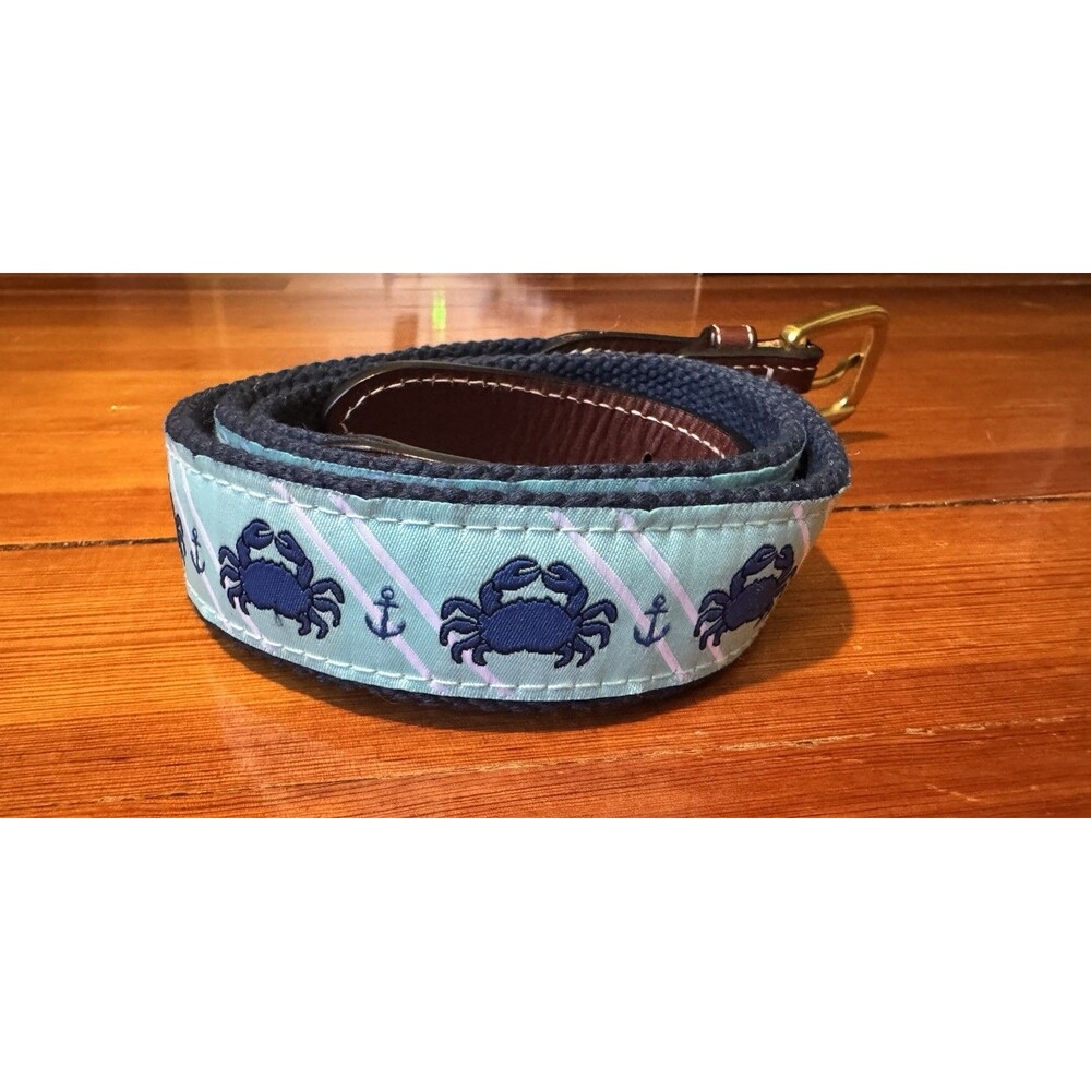 Simply Southern Mens Nautical Ribbon Canvas Belt Blue Crab Anchor Size 34 Preppy
